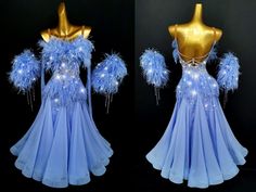 two pictures of a blue dress with feathers on the shoulders and back, one in gold