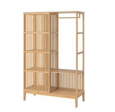 a wooden shelf with two shelves on each side