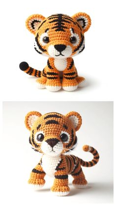 crocheted tiger stuffed animal sitting on top of a white table next to another photo