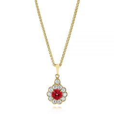 106456 14k Yellow Gold Pendant   Ruby - .61 ctw   13 Diamonds - .33 ctw   Clarity: SI, Color: H-I   18'' Chain. Red Diamond Necklace With Brilliant Cut, Fine Jewelry Red Diamond Necklace With Brilliant Cut, Classic Red Diamond Necklace For Anniversary, Classic Yellow Gold Diamond Necklace With Halo Setting, Halo Pendant, Metal Shop, Yellow Gold Pendants, Shop Engagement Rings, Diamond Halo