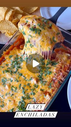 a cheesy enchiladas being lifted from a casserole dish