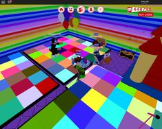 an interactive video game with colorful tiles and people in the room, all looking at each other