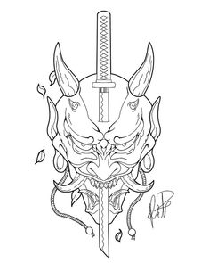 Oni Drawing, Oni Mask Tattoo Design Ideas, Hannya Maske Tattoo, Hannya Maske, Growth Tattoo, Japanese Demon Tattoo, Traditional Tattoo Outline, Oni Tattoo