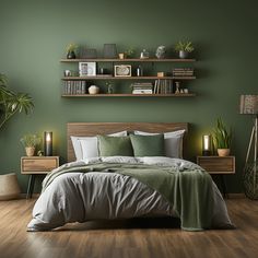 a bedroom with green walls and wooden flooring is pictured in this image, there are shelves on the wall above the bed