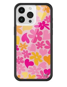 an iphone case with flowers and hearts in pink, orange, yellow and red colors