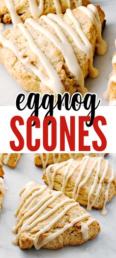 some scones with icing on them and the title says, easy eggnog scones