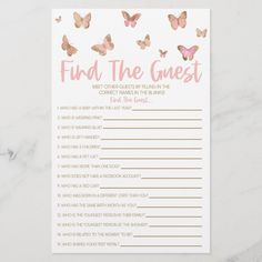 a pink and gold butterfly game with the words find the guest written in it on top