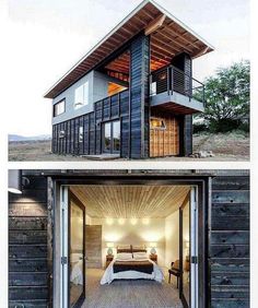 two pictures side by side showing the inside and outside of a shipping container with a bed in it