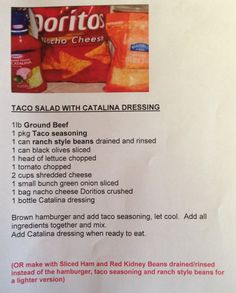 the menu for taco salad with catalina dressing