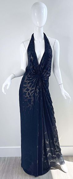 For Sale on 1stDibs - Sexy ROBERTO CAVALLI Runway Fall / Winter 2006 black silk chiffon sequined plunging dress ! Features thousands of hand-sewn sequins throughout. 1970s style Silk V-neck Evening Dress For Party, Silk Evening Dress With Sequins For Night Out, Evening Dresses With Draped Sequins, Draped Sequin Dress For Evening, Roberto Cavalli Runway, Plunging Dress, 1970s Style, Plunge Dress, 1970s Fashion