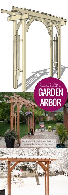 the garden arbor is shown in two different views