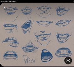 a bunch of different types of lips drawn in blue ink on paper with some writing