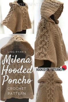 a crocheted hooded poncho is shown in three different views, including the front and back