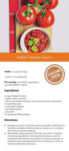 the italian tomato sauce is shown in this brochure, and it's ingredients are