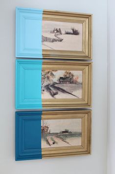 three framed pictures hanging on the wall in a room with blue and white trims