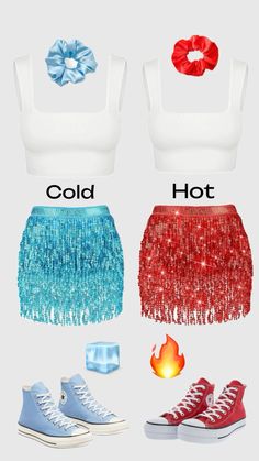 four different styles of clothing with the words cold, hot and blue