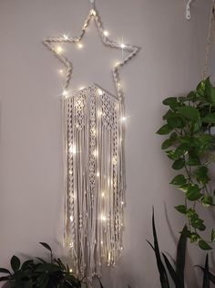 a star shaped wall hanging with string lights on it and some plants in the corner