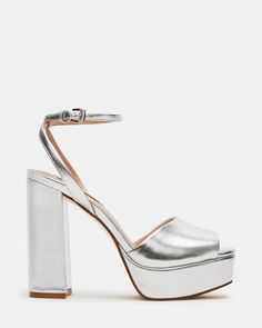 LOURDES Silver Metallic Platform Heel | Women's Heels – Steve Madden Kitten Heel Slingbacks, Platform Block Heels, Chunky Block Heels, Women's Heels, Silver Heels, Platform Heel, Heeled Loafers, Dress Sandals, Shoe Care