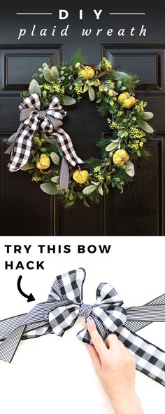 a hand holding a bow that is attached to a door with the words, try this bow hack