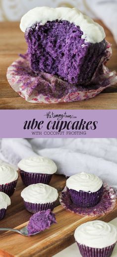 there is a purple cupcake with white frosting on the top and in the middle