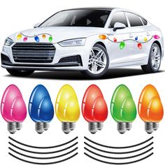 the car is decorated with multicolored lights and has four different colors on it