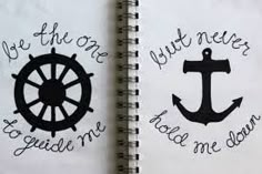 two notebooks with handwritten words and an anchor on the front one is black and white