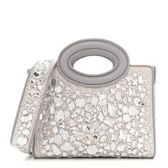 VALENTINO GARAVANI Crystal Mini Le Troisieme Shopping Bag 1384787 | FASHIONPHILE Valentino Garavani Bag, Crystal Bags, Clear Crystals, Leather Handles, Open Top, Grey Leather, Leather Interior, Leather Handle, Clear Crystal