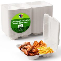 two take out containers with chicken and french fries in them next to the container that contains clamshell take out food containers