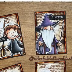 three harry potter cards on a table