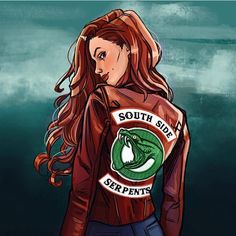 a drawing of a woman wearing a leather jacket with the words south side serpents on it