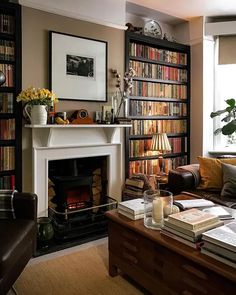 a living room filled with furniture and a fire place in front of a book shelf