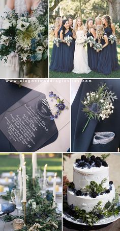 a collage of photos with flowers and greenery on them, including wedding cake