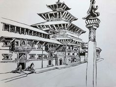 an ink drawing of a pagoda in the middle of a city with people walking around it