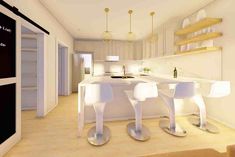 an artist's rendering of a modern kitchen with white chairs and countertop space