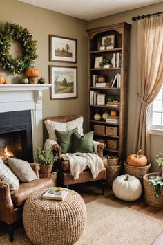 the living room is decorated with pumpkins and greenery, including an old - fashioned fireplace