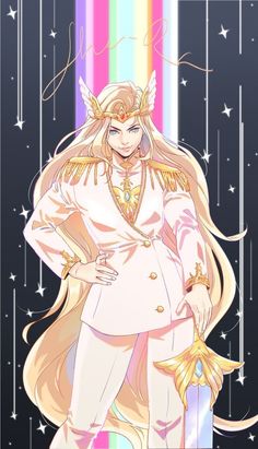 an anime character with long blonde hair wearing a white suit and holding a star in her hand