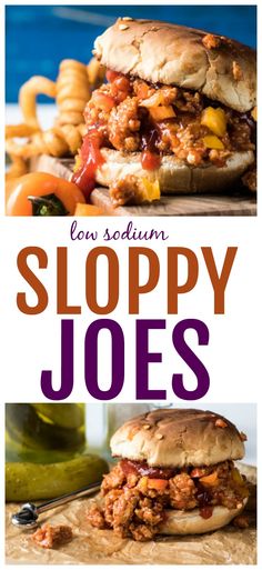 sloppy joes sandwich on a cutting board with the title below it