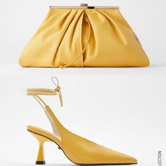 Zara Heeled Leather Mules With Tie (Size 8) And Matching Soft Leather Frame Handbag. The Shoes Were Worn Once For Photoshoot. Bag New. Elegant Soft Leather Shoulder Bag For Spring, Elegant Spring Shoulder Bag In Soft Leather, Elegant Soft Leather Bag For Spring, Elegant Leather Bags For Spring, Spring Formal Leather Shoulder Bag, Summer Party Leather Bags, Elegant Yellow Bag For Work, Chic Yellow Formal Shoulder Bag, Elegant Yellow Workwear Bag