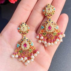 Navaratna earrings with gold plating on silver Navratna Earrings, 22k Gold Jewelry Necklaces, Diamond Earrings Indian, Beautiful Diamond Earrings, 22k Gold Jewelry, Pearl Necklace Set, Gold Wedding Jewelry, Blue Stones, Choker Necklace Set