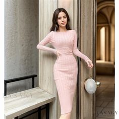 Lasaky - Winter Thicken Knitted Bodycon Dress with High Neck Sweater as Inner Lining, Enhancing Height and Accentuating Curves Knitted Winter Dress, Bodycon Sweater, Bodycon Sweater Dress, Winter Knit Sweater, High Neck Designs, Knitted Bodycon Dress, High Neck Sweater, Dress Dusty, Body Dress