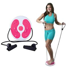 a woman standing on top of a scale holding a skipping rope and an exercise device