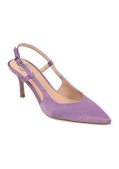 Meet our most striking stilettos yet, the Knightly by Journee Collection. With satin uppers and a slingback strap, this daring heel is perfect for your next big event. A pointed-toe and sweetheart topline finish this slip-on silhouette for a vintage touch. | Journee Collection Women's Knightly Pumps, Purple, 5.5 Bold Heels, Spike Heels, Shoes Heels Pumps, Journee Collection, Slingback Pump, Stiletto Heel, Pumps Heels, Leather Men, Shoes Women Heels