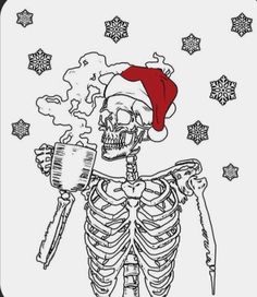 a skeleton wearing a santa hat holding a knife