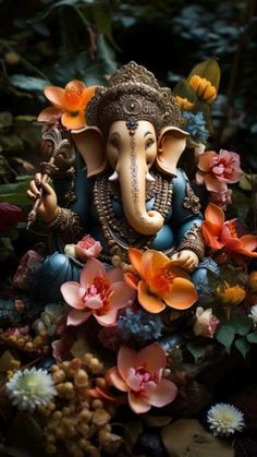 an elephant statue with flowers around it