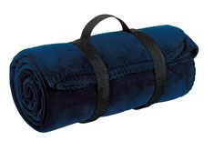 a rolled up blue towel with black straps on the bottom and one folded over it