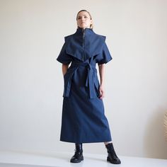 "Maxi denim dress featuring high neck, matching fabric belt, and ankle length. - stand collar - front zip - shift blouson silhouette - kimono/ kaftan style - belted - two lage front pockets - maxi length - short kimono sleeves Fiber: cotton 95%, elastane 5 %  Color: dark blue For size 36 EU / 4 US: length- 49,5\"(126cm) Our model is 165cm/5'4\" tall You may feel free choosing the size. Just send us your measurements (bust, waist, hips, height). We will define your correct size." Denim Dresses For Women, Maxi Denim Dress, Denim Kimono, Avant Garde Dresses, Long Kaftan Dress, Kimono Kaftan, Kaftan Style, Womens Denim Dress, Dress Modern