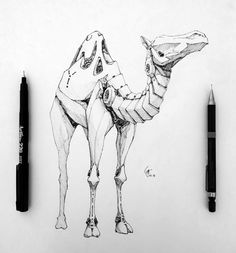 a pencil drawing of a camel standing next to a ballpoint pen and ink on paper