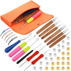 PRICES MAY VARY. You Will Get: This hair crochet hook set includes 6pcs 0.75 and 0.5mm bamboo handles dreadlocks tool, 1 piece large plastic latch hook and 1 piece small plastic latch hook, 1 piece blue handle bent latch hook, 1 pieces black handle latch hook, 2 double ended crochet hooks, 30 pieces dreadlocks rhinestone hair tie decoration, 5 pieces hair locking tools. This complete set of tools will come in an orange storage bag. High-Quality Materials: These dreadlock crochet needles are made Crochet Needle For Hair, Crochet Needles For Hair, Double Ended Crochet Hooks, Dreadlock Crochet, Double Ended Crochet, Hook Crochet, Hair Extension Tools, Crochet Needle, Needle Kit