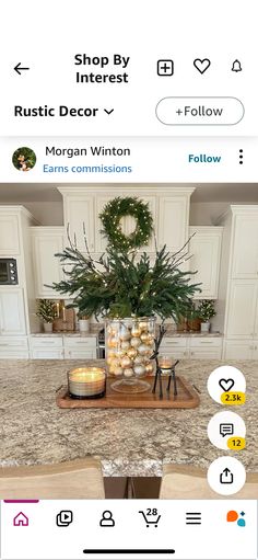 a kitchen counter top with candles on it and an image of a christmas tree in the middle