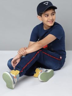 Buy YK Boys Navy Blue Light Fade Clean Look Stretchable Joggers With Side Stripes - Jeans for Boys 14803432 | Myntra Jeans For Boys, Striped Jeans, Side Stripe, Blue Light, Light Blue, Navy Blue, Stripes, Navy